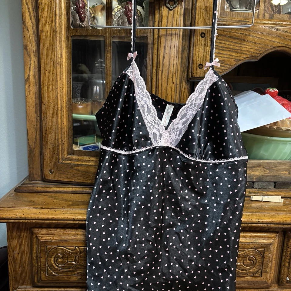 Giligan O’Malley Mujer Camisola Dormir Top Correas Negro Rosa Corazones Encaje XL Foto 1 de 4