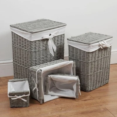 Set of 5 Grey Wicker Hampers Storage Baskets Laundry Clothes Bin Set Home Decor - Image 1 of 4