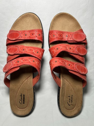 Sandali Clarks Leisa Cacti donna 12 larghi rossi slide pelle slip on regolabili