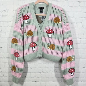 Sweet Society Sweater Cardigan Crop Top Set Women XL Stripe Mushrooms Snail Y2K - Picture 1 of 13