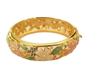 JOAN RIVERS signiertes Emaille Blumen aufklappbares breites goldfarbenes Armband - Bild 1 von 10