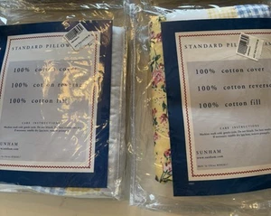Yellow Blue Gingham Floral Pillow Shams Lot Of 2 Standard Sz Pillow Covers NWOT - Picture 1 of 10