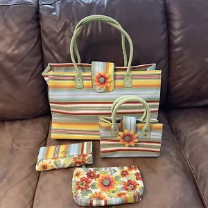 Longaberger Sisters Striped Handbags Wallet Small Makeup Bag Sunflower Lot Of 4 - Picture 1 of 17