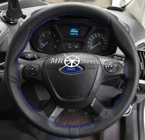 FOR FORD TRANSIT CUSTOM 13+ BLACK LEATHER STEERING WHEEL COVER ROYAL BLUE STITCH - Picture 1 of 6