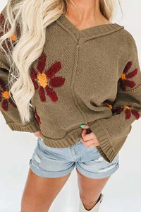 Salbeigrün Blumen Strick Rippborte V-Ausschnitt Pullover - Bild 1 von 8