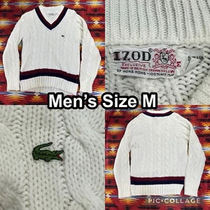 Vintage 80er Izod Lacoste Tennis Pullover Grobstrick Zopfmuster V-Ausschnitt Golf Cricket M - Bild 1 von 8