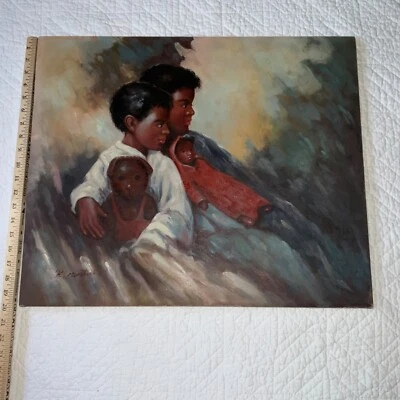 VINTAGE retrato de família pintura a óleo original pintada à mão crianças por Montiel - Imagem 1 de 4