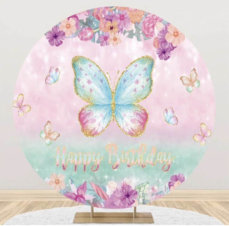 BUTTERFLY FLOWERS GLITTER STARS PINK BLUE GREEN PARTY ROUND BIRTHDAY BANNER - Image 1 of 1