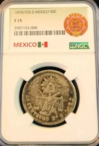 1878/7 Zs S MEXICO SILVER 50 CENTAVOS NGC F 15 SCARCE OVERDATE NON PROBLEM COIN - Picture 1 of 4