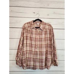 Max Studio Women Multicolor Plaid Cotton Puff Long Sleeve Button Up Blouse Sz XL - Picture 1 of 7