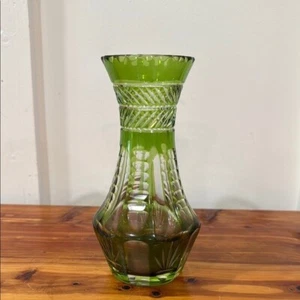 Vintage Green Cut To Clear Small Vase - Picture 1 of 6