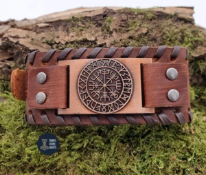 Viking Bracelet Viking Wristband Vegvisir Compass Mens Genuine Leather Norse - Picture 1 of 3