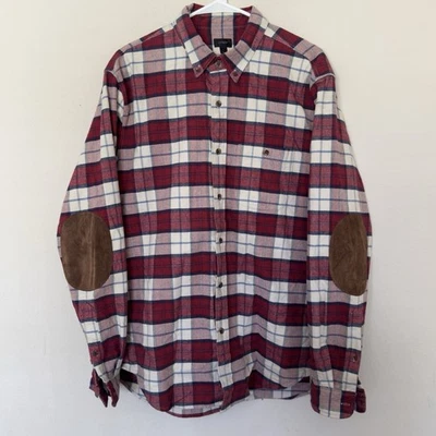 J Crew Men’s L Red Blue Plaid Chamois Flannel Button Down Leather Elbow Patches - Image 1 of 4