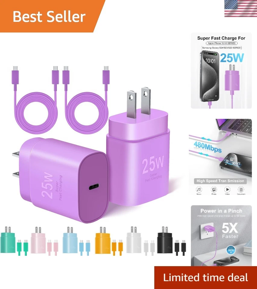 25W USB-C Charger Set: 2-Pack Fast Charge with Long Cables for iPhone & Galaxy - Изображение 1 из 4