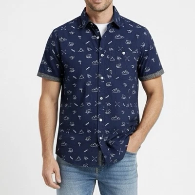 Free Planet Shirt Men's Size S Button Up Cotton Blend Short Sleeve Navy - Image 1 of 4