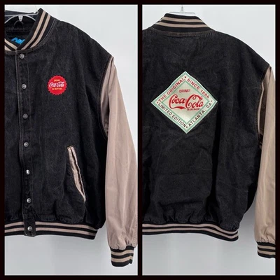 VTG 90s Coca Cola Denim Varsity Jacket Mens 4XL Black Tan Logo Bomber VERY RARE - Image 1 of 4