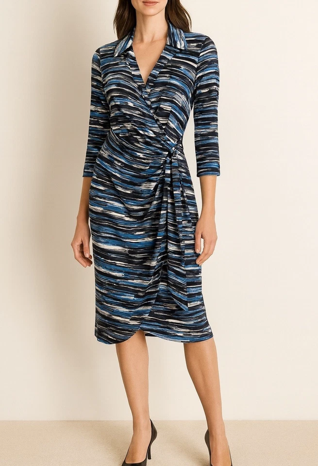 Vestido envolvente profesional abstracto Lafayette 148 para mujer New York talla 12 azul negro Foto 1 de 4