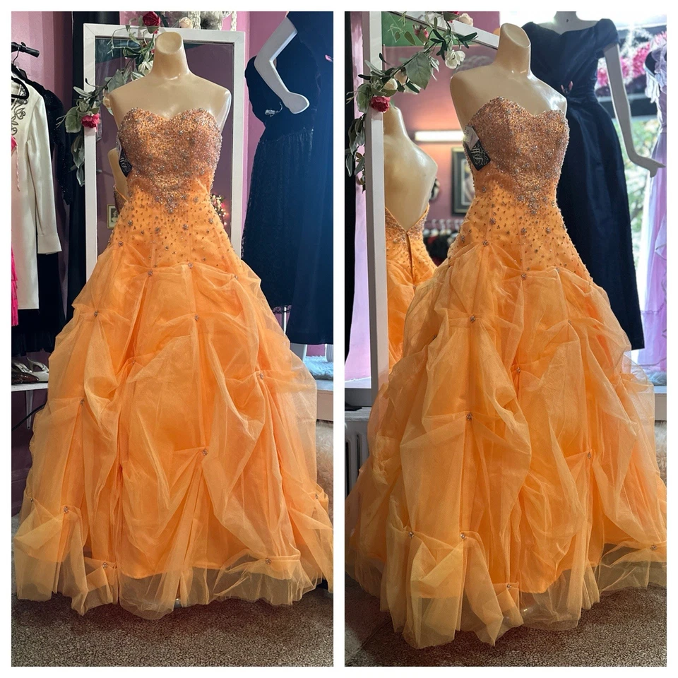 Vestido de baile vintage Y2K años 2000 graduación quinceañera naranja sin tirantes cuentas hadas XS Foto 1 de 4