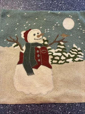 Pottery Barn Pillow Cover Sham Snowman 18" Crewel Embroidered Christmas EUC - Image 1 of 4