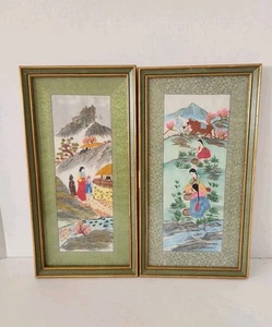 Lot 2 Vintage chinesische handbemalte bestickte Seide gerahmt hängende Kunst 16" x 8,5" - Bild 1 von 15