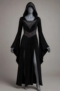 Viktorianisches schwarzes Maxikleid mit Kapuze Gr. S Gothic Witchy Renaissance Mystic - Bild 1 von 7