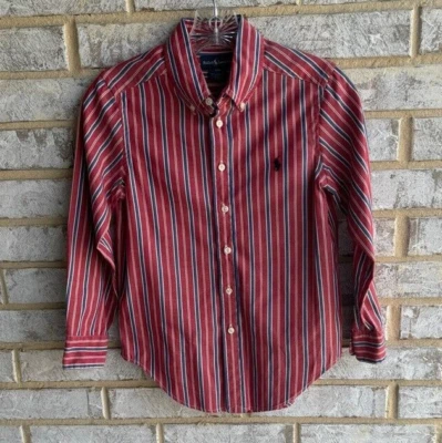 Ralph Lauren 男童红色和蓝色条纹纽扣长袖衬衫 S 码(8)。 — 第 1/4 张图片