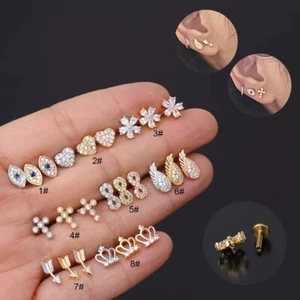 Stud Earrings Labret Piercing Crystal Gem Screw Flat Back Cartilage Ear 6mm Bar - Picture 1 of 15