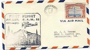 US 1929 First Flight Cover CAM 32 #C11 Seattle WA to Indianapolis IN 32E5 Cachet - Picture 1 of 2
