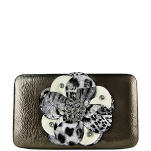 CARTERA GRUESA PLANA PLEGABLE BRILLANTE ESTRÁS GRIS FLOR LEOPARDO DESGASTADO NUEVA - Imagen 1 de 4