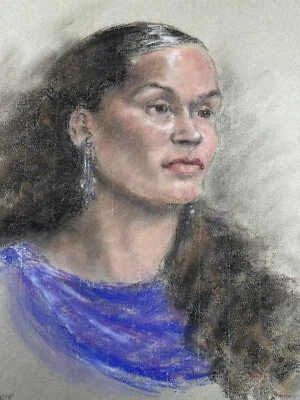 Vintage Pastel Portrait Drawing Of Women Fancy Earrings Model 15x12” Fine Art - Image 1 of 4