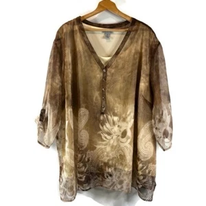Catherines Womens Blouse Top Size 5X Brown Sheer Shimmer Paisley Floral Popover - Picture 1 of 12