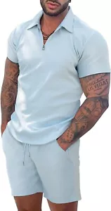 Men Polo Shirt and Shorts Set Summer Outfits Casual Short Sleeve (Blue,Size:XXL) - Picture 1 of 6