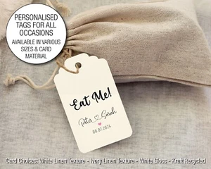 Etiquetas colgantes personalizadas Eat Me, champán, etiqueta de swing de fecha de boda y cuerda 77 - Imagen 1 de 5