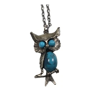 Vintage Silver Tone Owl Pendant Necklace with Faux Turquoise Accents - Picture 1 of 2