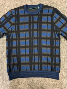Perry Ellis Black And Blue Window Pane Plaid Size Large Wool Blend Sweater - Picture 1 of 10