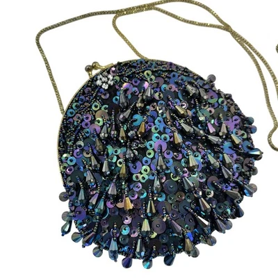  Cartera sin asas púrpura iridiscente con cuentas para mujer ropa de noche lentejuelas correa de pavo real  Foto 1 de 4