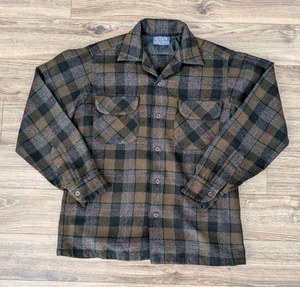 VTG Pendleton Board Shirt Mens Virgin Wool Flannel Brown Plaid LS Button Up - S - Picture 1 of 9