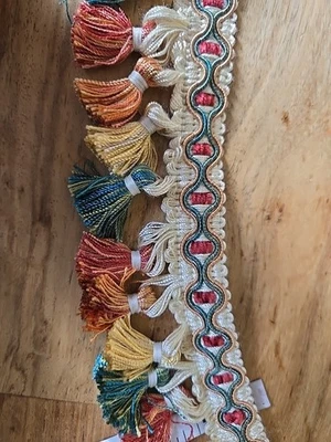 Vintage Tassel Furniture Trim Curtain 2.75 Yards 2.25" Rose Green Decorative - Image 1 of 4