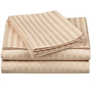Tan Striped Queen Pillowcase And Top Bed Sheet Replacement 100% Egyptian Cotton - Picture 1 of 4