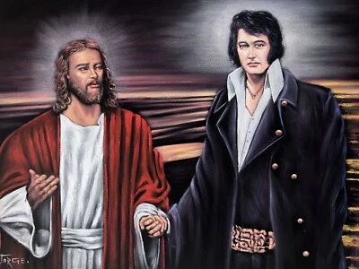 Jesucristo y Elvis Presley en el cielo terciopelo negro pintura al óleo arte Foto 1 de 3