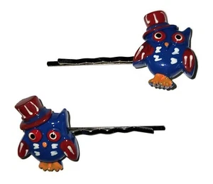 PATRIOTIC OWL  - Handmade Bobby PIn Hair clips - Set of 2  - Picture 1 of 3