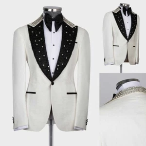 Luxury Crystal Beading Lapel Men's Jacket Wedding Banquet Single Breasted Coat - Picture 1 of 17
