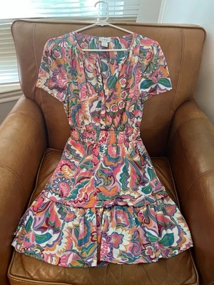 Nicole Miller Dress Size S Bright Multi Colors Satin Floral Pockets Mini Paisley - Image 1 of 4