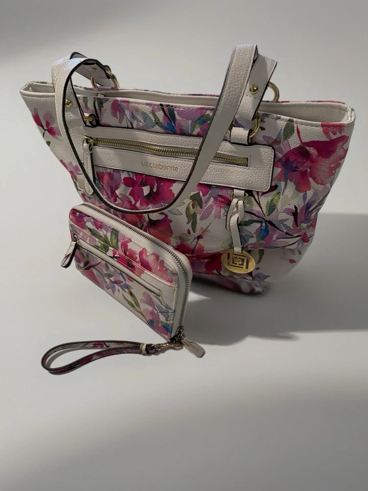 LIZ CLAIBORNE 花卉手提包 粉色和白色钱包 捆绑出售物品,状况完好 — 第 1/4 张图片