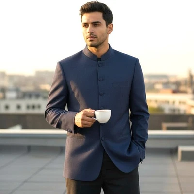 Blazer Gianni Versace Para Hombres 40 R Azul Marino Tessuti Cuello Mandarín 6-BTN Chaqueta Italia Foto 1 de 4