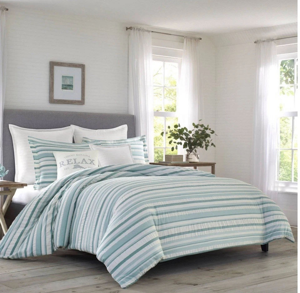 Tommy Bahama 3-Pcs Comforter Set Reversible Seersucker Cotton King Blue Striped - Image 1 of 4