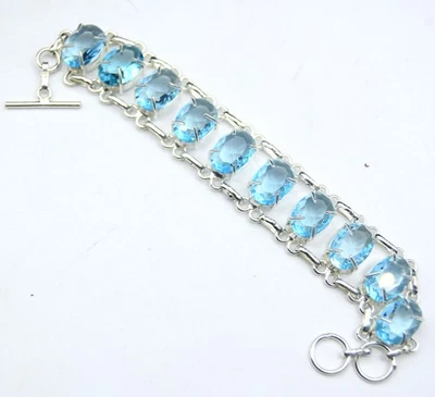 Blue Aquamarine Gemstone Handmade 925 Sterling Silver Jewelry Bracelet Size-7-8" - Image 1 of 4