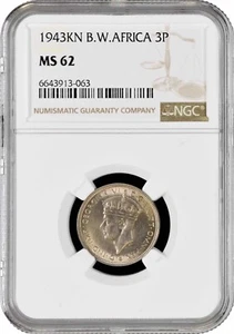 British West Africa 3 pence 1943 KN, NGC MS62, "British colony (1907 - 1966)" - Picture 1 of 2