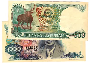Mazuma *F2518 Indonesia 1980-1988 1000 Rupiah BRQ012910 & 500 Rupiah VVB073373 - Picture 1 of 3