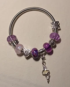 Stainless Steel Coiled Stretch Bracelet Purple Ballerina Heart Bunny Charms  - Picture 1 of 1